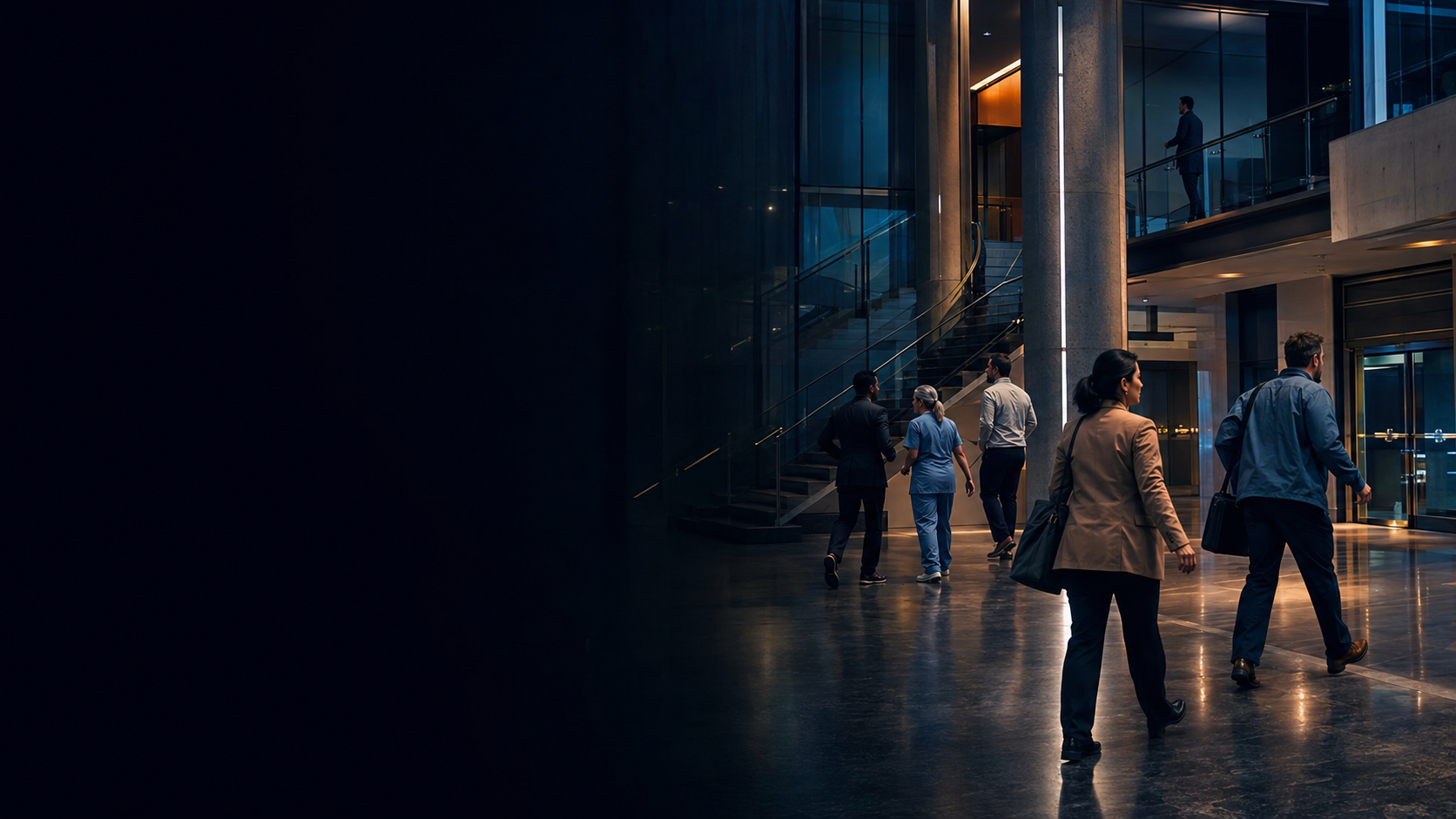People in a public building recognizing changed conditions and deliberately choosing a safer path