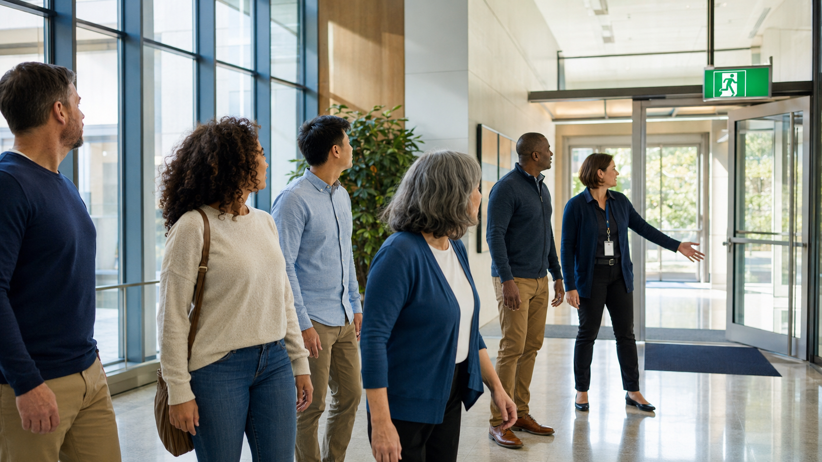 A group in a public building calmly orienting toward a visible exit